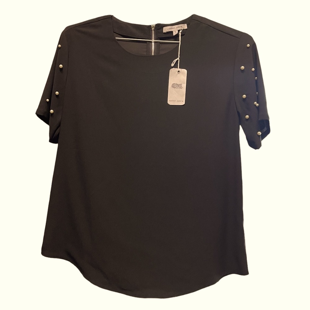 NWT Pearl accent Naked Zebra top - black with white pearl accent on sleeves